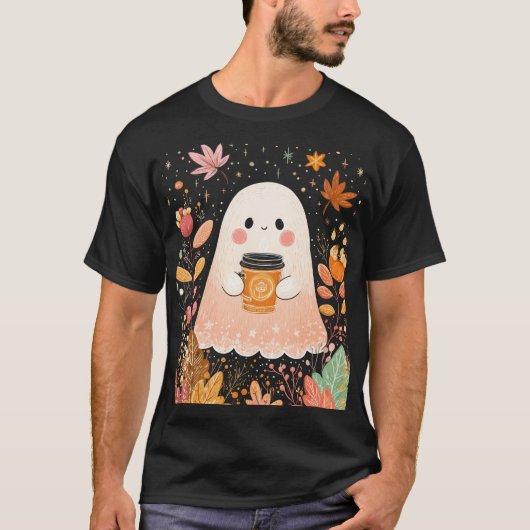 Cute Autumn Ghost with Pumpkin Coffee – Cozy Fall  T-Shirt (Vorderseite)