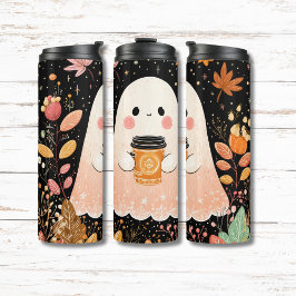 Cute Autumn Ghost with Pumpkin Coffee – Cozy Fall Thermosbecher