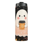 Cute Autumn Ghost with Pumpkin Coffee – Cozy Fall Thermosbecher (Vorderseite)
