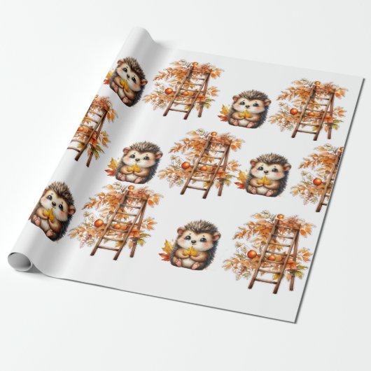 Cute Autumn Hedgehog with Harvest Ladder Illustrat Geschenkpapier (Ungerollt)