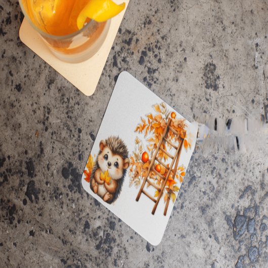 Cute Autumn Hedgehog with Harvest Ladder Illustrat Rechteckiger Pappuntersetzer