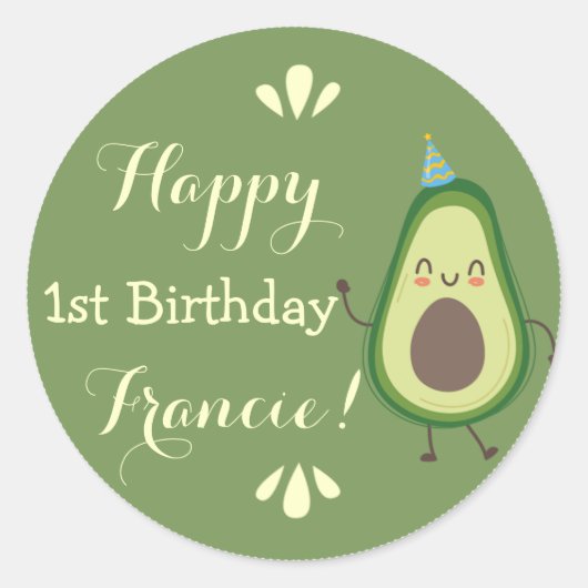 Cute Avocado Personalize Colorful 1st Birthday Runder Aufkleber (Vorderseite)
