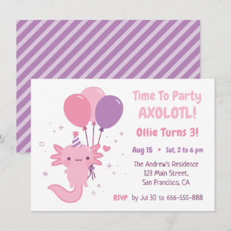 Cute Axolotl and Balloons Girls Birthday Party Einladung