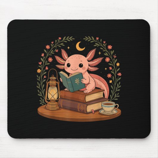 Cute Axolotl Reading Books Cozy Bookworm Mousepad (Vorne)