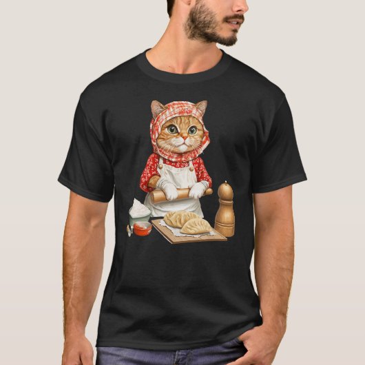 Cute Babushka Cat Making Pierogi Polish For Food L T-Shirt (Vorderseite)