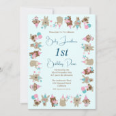 Cute Baby Animals 1st Birthday Picnic Aqua Einladung (Vorderseite)