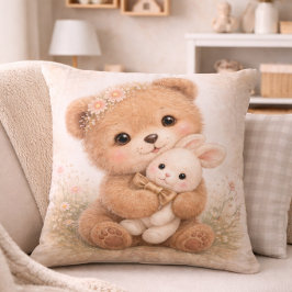 Cute Baby Bear With Bunny Neutral Kids Room Kissen