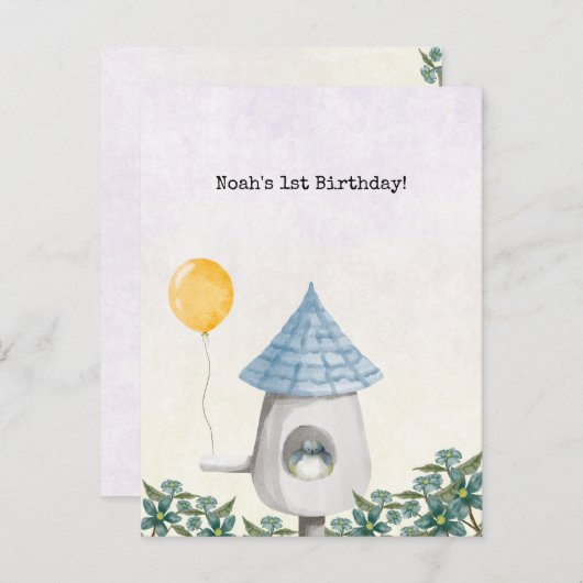 Cute Baby Bird With Yellow Balloon Invitation Postkarte (Vorne/Hinten)