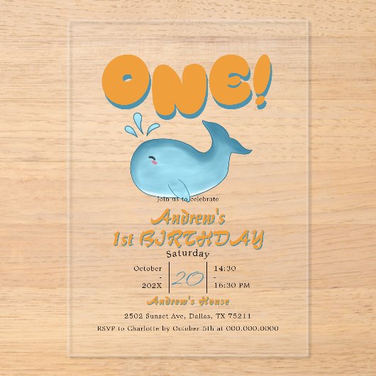 Cute Baby Blue Whale 1st Birthday Acryleinladungen (Vorderseite)