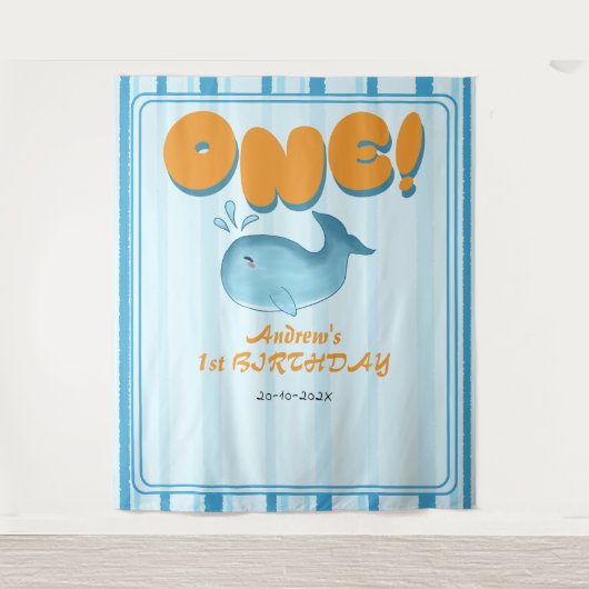 Cute Baby Blue Whale 1st Birthday Backdrop Wandteppich (Vorderseite)