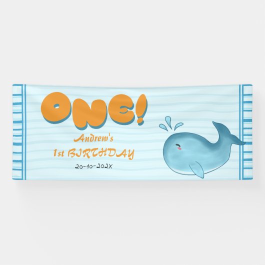 Cute Baby Blue Whale 1st Birthday Banner (Horizontal)