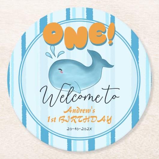 Cute Baby Blue Whale 1st Birthday Runder Pappuntersetzer (Vorderseite)