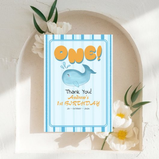 Cute Baby Blue Whale 1st Birthday Stripes Dankeskarte
