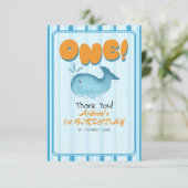 Cute Baby Blue Whale 1st Birthday Stripes Dankeskarte (Stehend Vorderseite)