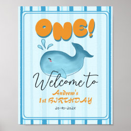 Cute Baby Blue Whale 1st Birthday Welcome Sign Poster