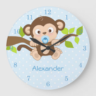 Cute Baby Boy Monkey Blue Polka Dots Wall Clocks Große Wanduhr