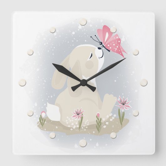 Cute baby Bunny and butterfly. Quadratische Wanduhr (Vorderseite)