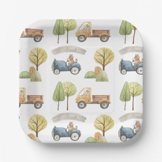 Cute Baby Cars And Animals Birthday Party Pattern Pappteller (Vorderseite)