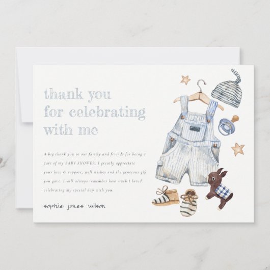 Cute Baby Clothes Essentials Blue Boy Baby Shower Dankeskarte (Vorderseite)