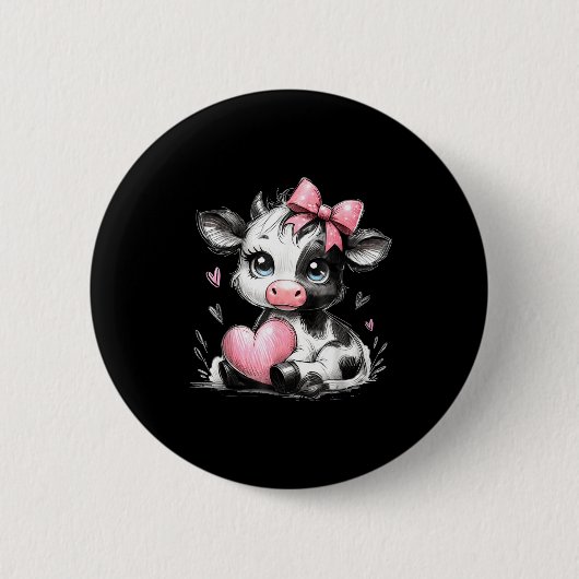 Cute Baby Cow With Nk Coquette Bow Holding Heart  Button (Vorderseite)