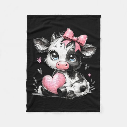Cute Baby Cow With Nk Coquette Bow Holding Heart  Fleecedecke (Vorderseite)