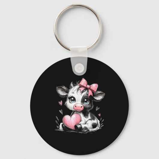 Cute Baby Cow With Nk Coquette Bow Holding Heart Schlüsselanhänger (Vorderseite)
