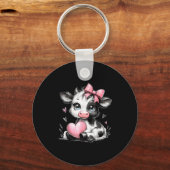 Cute Baby Cow With Nk Coquette Bow Holding Heart Schlüsselanhänger (Vorderseite)