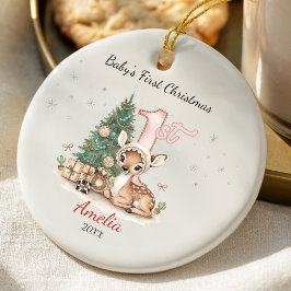 Cute baby deer first Christmas pink personalized  Keramik Ornament