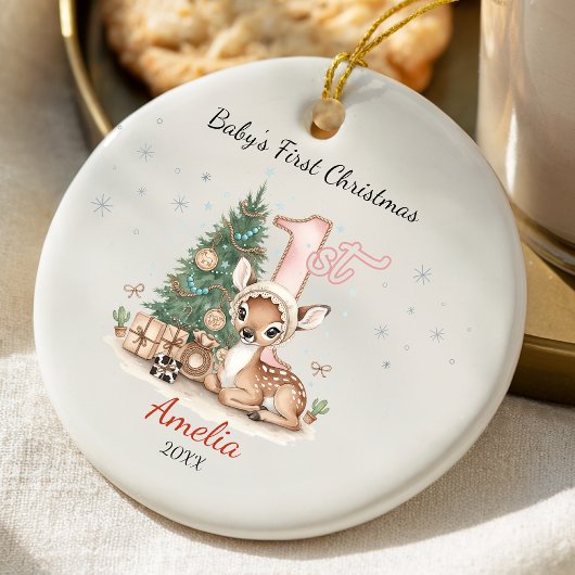 Cute baby deer first Christmas pink personalized Keramik Ornament