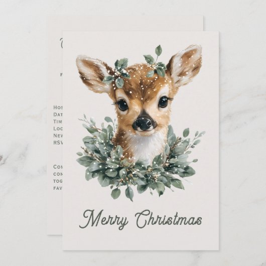 Cute Baby Deer Merry Christmas – Watercolor Fawn Einladung (Vorne/Hinten)