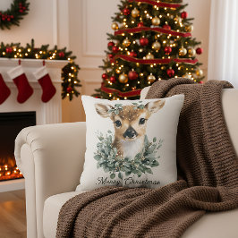 Cute Baby Deer Merry Christmas – Watercolor Fawn  Kissen