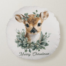 Cute Baby Deer Merry Christmas – Watercolor Fawn  Rundes Kissen