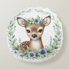 Cute Baby Deer mit Blauer Flora Rundes Kissen