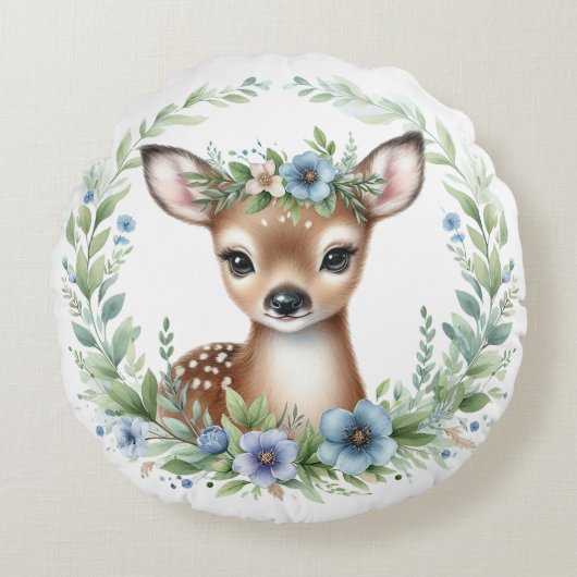 Cute Baby Deer mit Blauer Flora Rundes Kissen (Vorderseite)