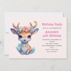 Cute Baby Deer mit Geweih und Blumen Geburtstag Einladung