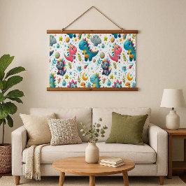 Cute Baby Dinosaur Teal Dino Wood Frame Tapestry Wandteppich Mit Holzrahmen