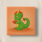 Cute Baby Dragon Holding Cup on Orange Button