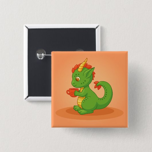 Cute Baby Dragon Holding Cup on Orange Button (Vorne & Hinten)