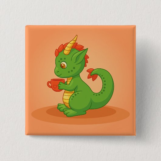 Cute Baby Dragon Holding Cup on Orange Button (Vorderseite)