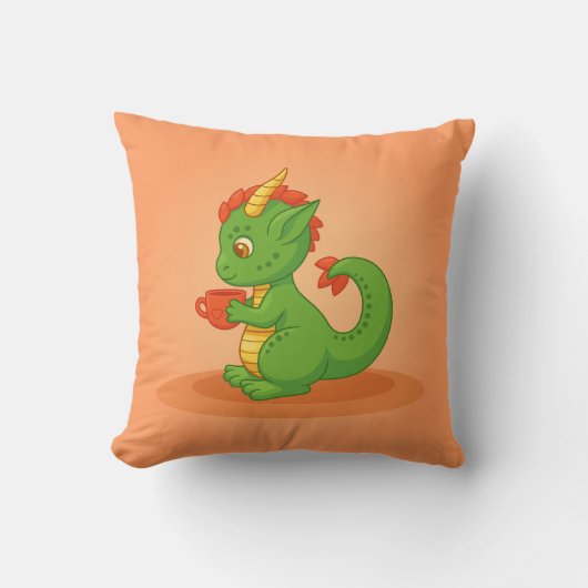 Cute Baby Dragon Holding Cup on Orange Kissen (Vorderseite)
