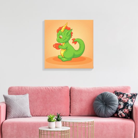 Cute Baby Dragon Holding Cup on Orange Leinwanddruck (Insitu (Wohnzimmer))
