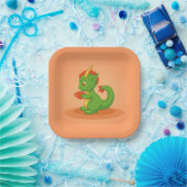 Cute Baby Dragon Holding Cup on Orange Pappteller (Party)