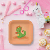 Cute Baby Dragon Holding Cup on Orange Pappteller (Party)