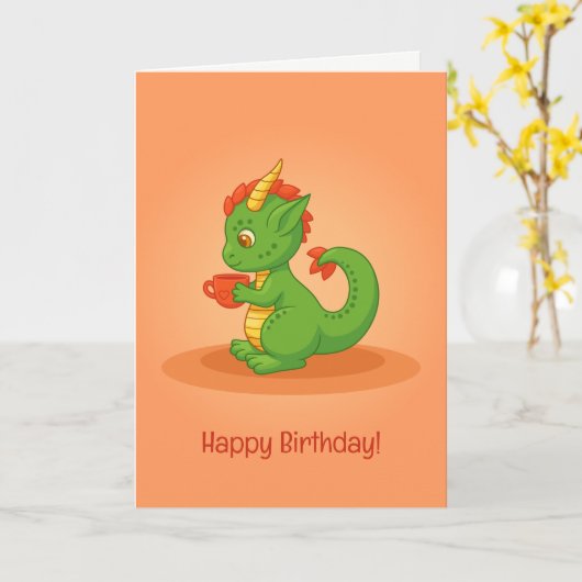 Cute Baby Dragon Holding Cup Orange Birthday Card Karte (Gelbe Blume)