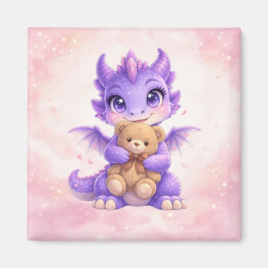 Cute Baby Dragon Hugging Teddy Bear Square Magnet (Vorne)