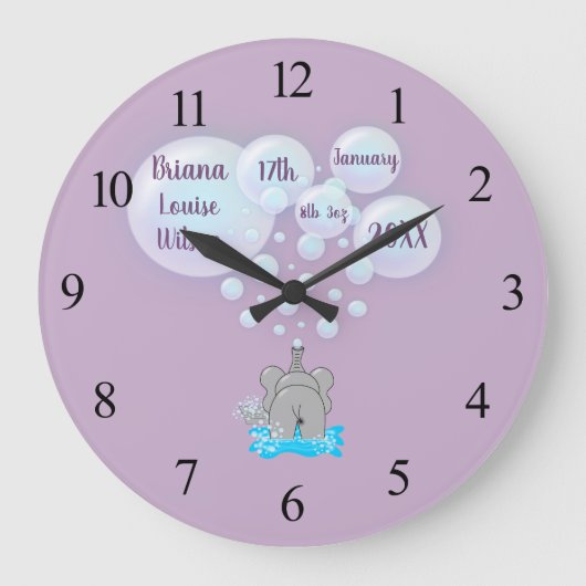 Cute Baby Elephant Blowing Bubbles Monogrammed Große Wanduhr (Vorderseite)