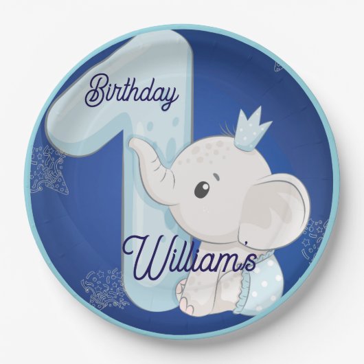 Cute Baby Elephant First Birthday Pappteller (Vorderseite)