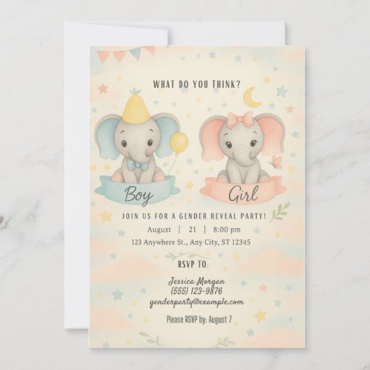 Cute Baby Elephant Gender Reveal Invitation Einladung (Vorderseite)