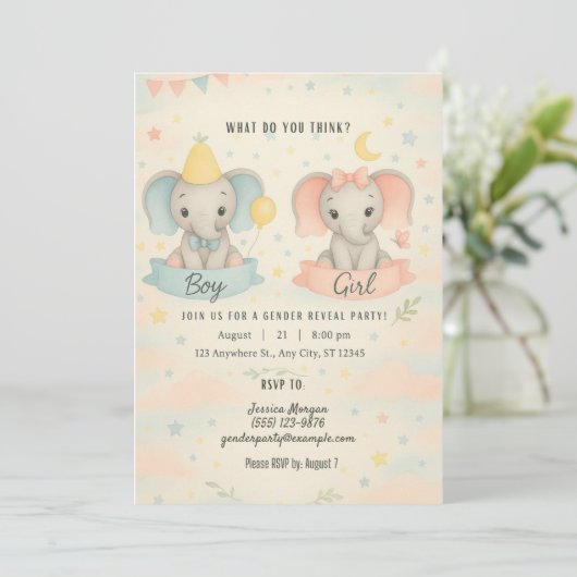 Cute Baby Elephant Gender Reveal Invitation Einladung (Stehend Vorderseite)