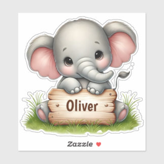 Cute Baby Elephant Holding a Name Sign Aufkleber